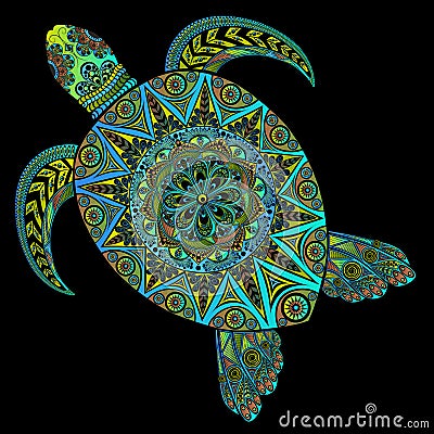 Colored vector turtle in zentangle style on a black background Cartoon Illustration